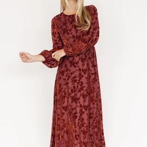 Baltic Born Burgundy Floral Velvet Long Sleeve Dress